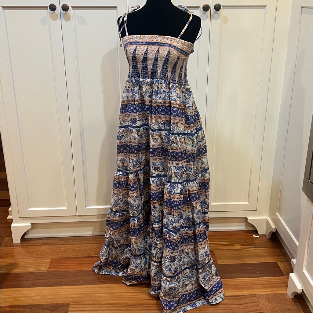 Nwt Guadalupe Blue Bohemian Cottagecore Resort Ware Vacation Maxi Dress Tiered